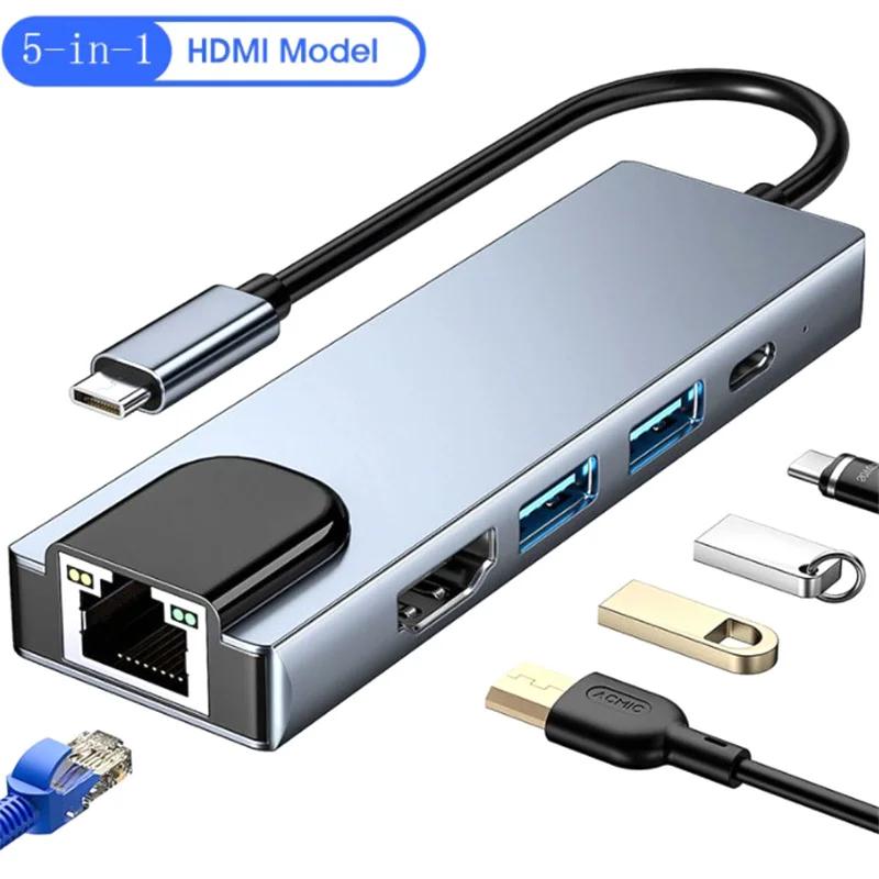 5 in 1 USB C  CŸ-4K ȣȯ , RJ45 Ʈũ 100M ̴   Ʈ , ƺ ο